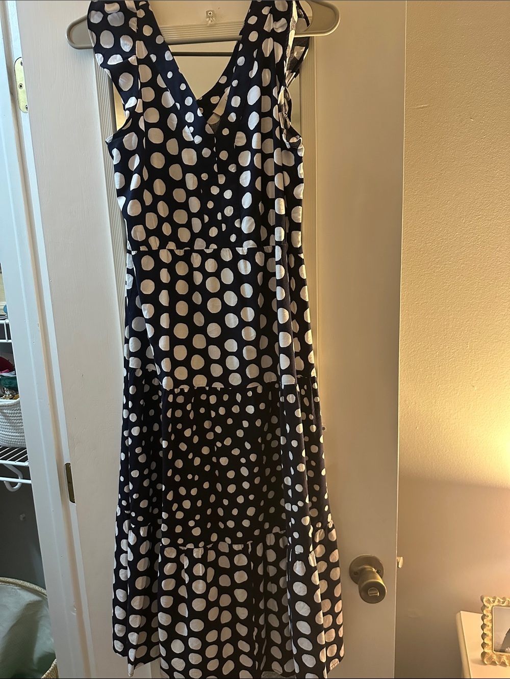 Sleeveless Polka Dot V-Neck Maxi Dress - navy & White